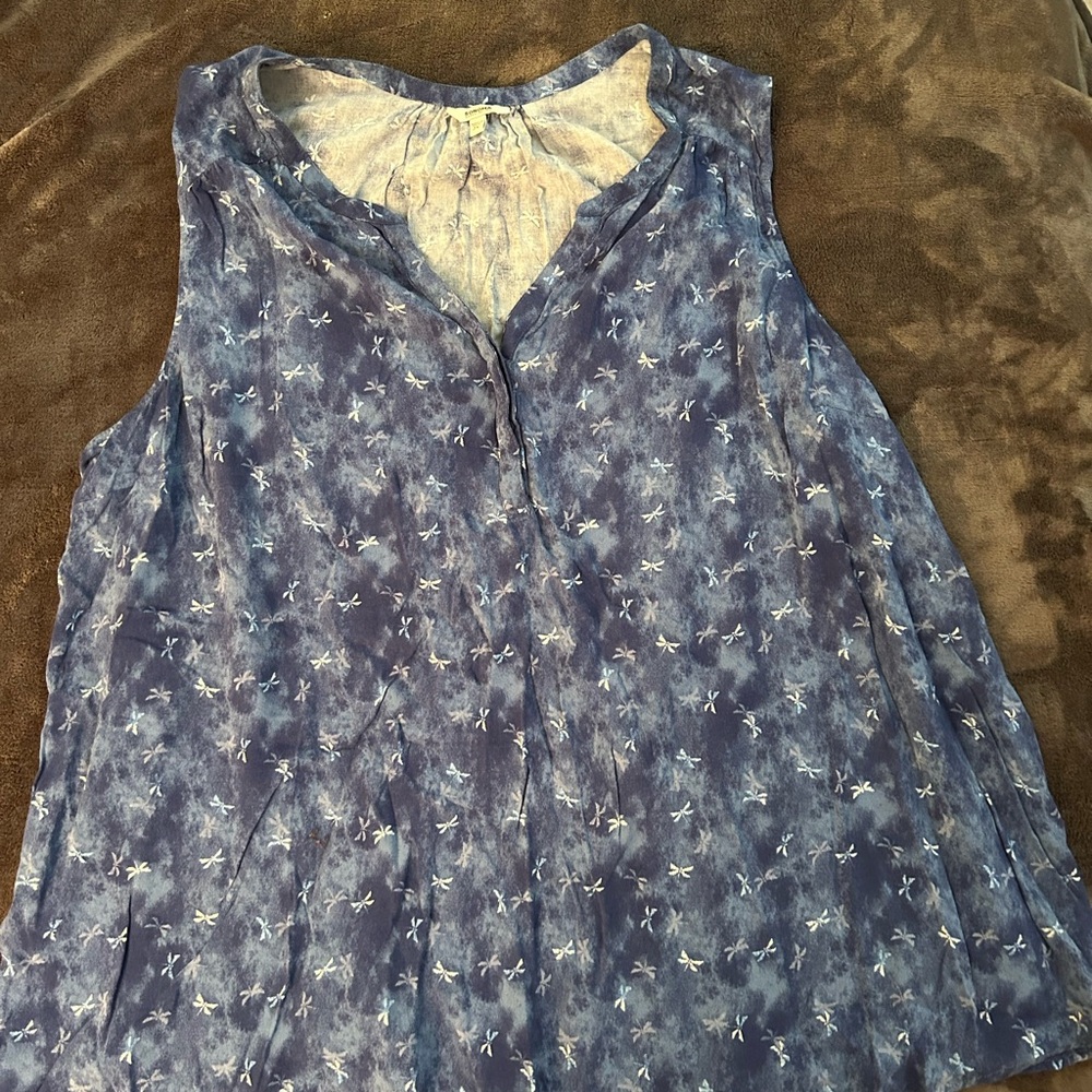 Blue Sleeveless V-Neck Floral & Dragonfly Print Top